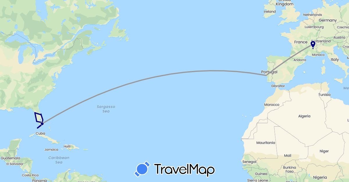 TravelMap itinerary: driving, plane in Switzerland, France, Portugal, United States (Europe, North America)